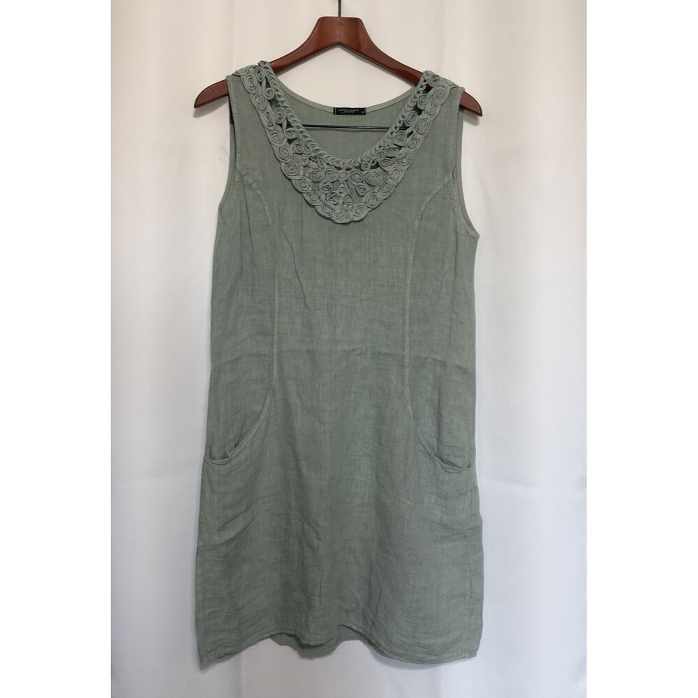 Lungo L'Arno Linen Dress Size Large Floral Rosette Light Green Teal Italy Medium
